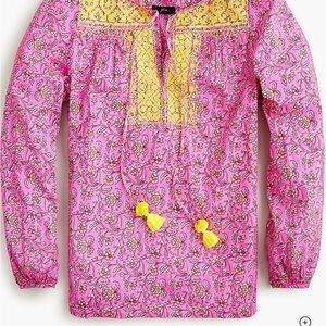 J. Crew Pink Starina blouse with yellow tassels and embroidery